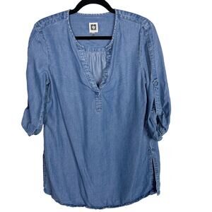 Anne Klein Small S Blue Chambray 3/4 Roll Tab Sleeve Blouse Top Split V Neck